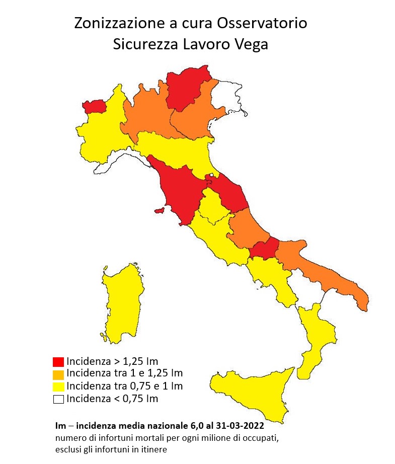 Infortuni sul lavoro, peggiora il Veneto a marzo e passa in zona arancione