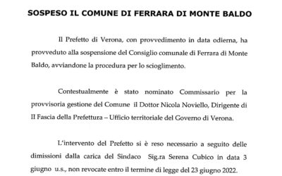 Ferrara di Monte Baldo, il Prefetto nomina il Commissario e manda a casa il Consiglio comunale