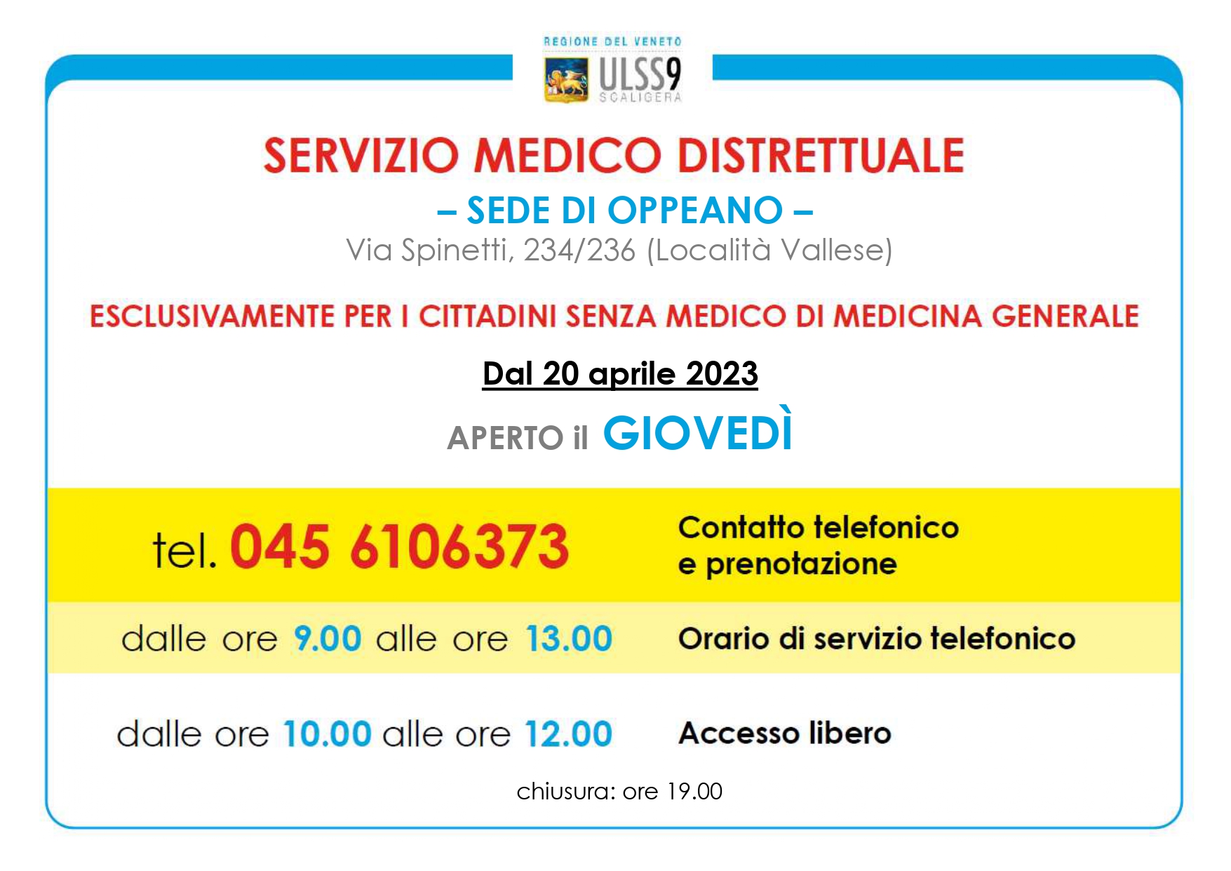 Nuovo Servizio Medico Distrettuale a Oppeano, nella frazione di Vallese da giovedì 20 aprile