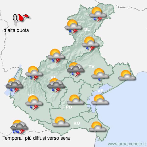 Meteo Veneto, dalle 14.00 di lunedì tornano rovesci e temporali anche intensi con venti forti e grandinate