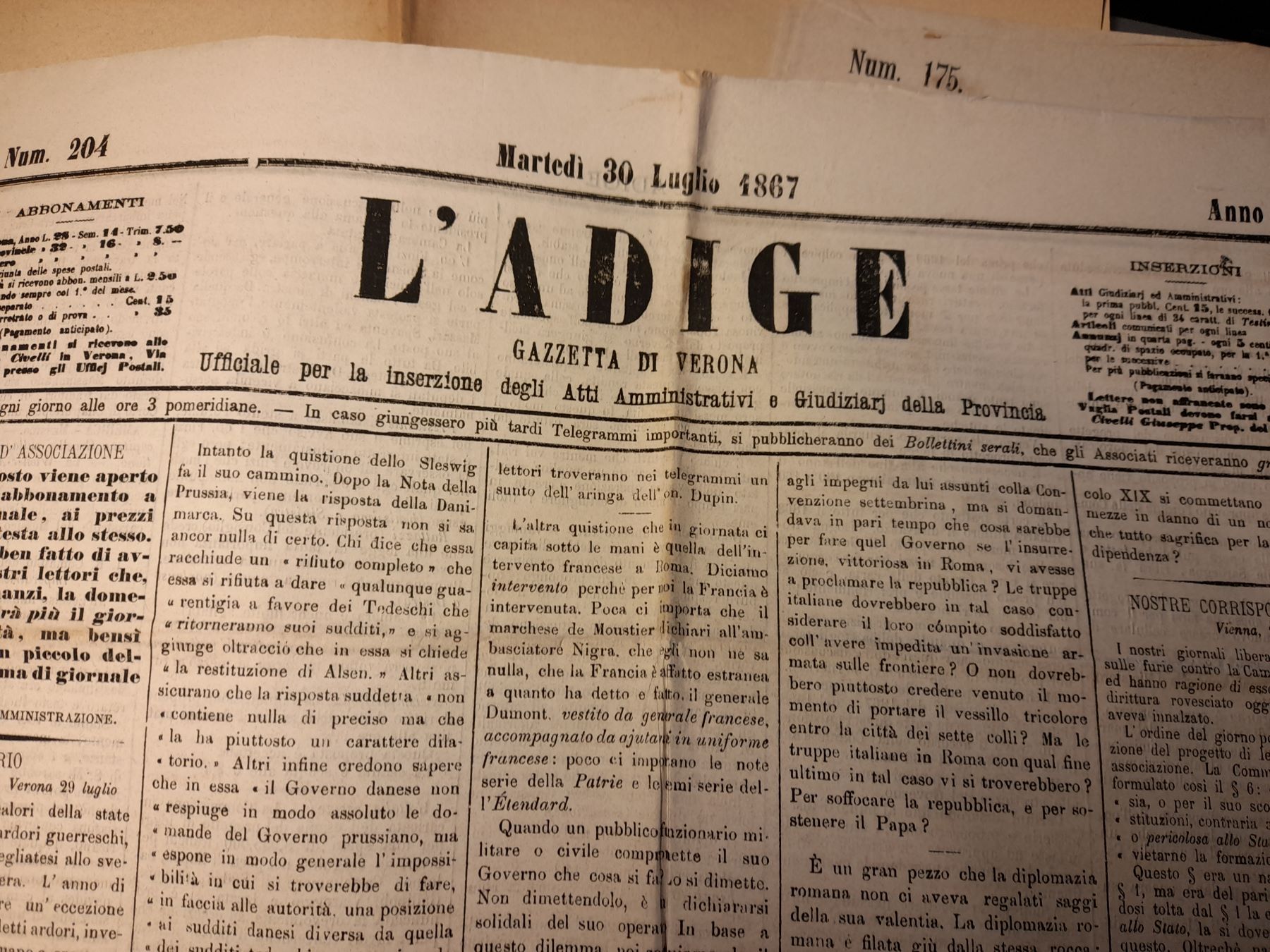 15 ottobre 1866, debutta nelle edicole il quotidiano L’Adige